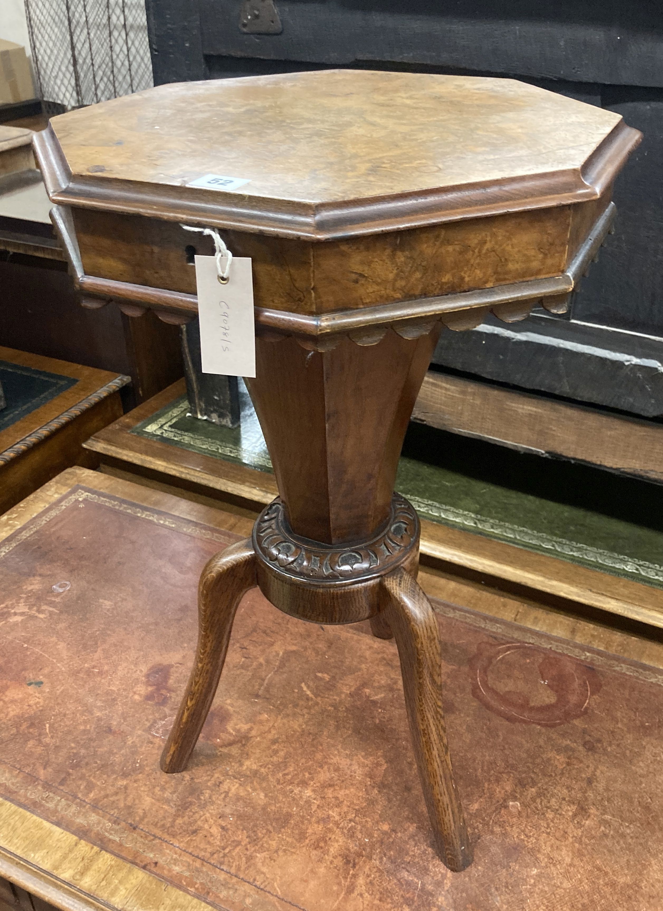 A Victorian walnut trumpet shaped work table on later oak supports, width 44cm, height 70cm